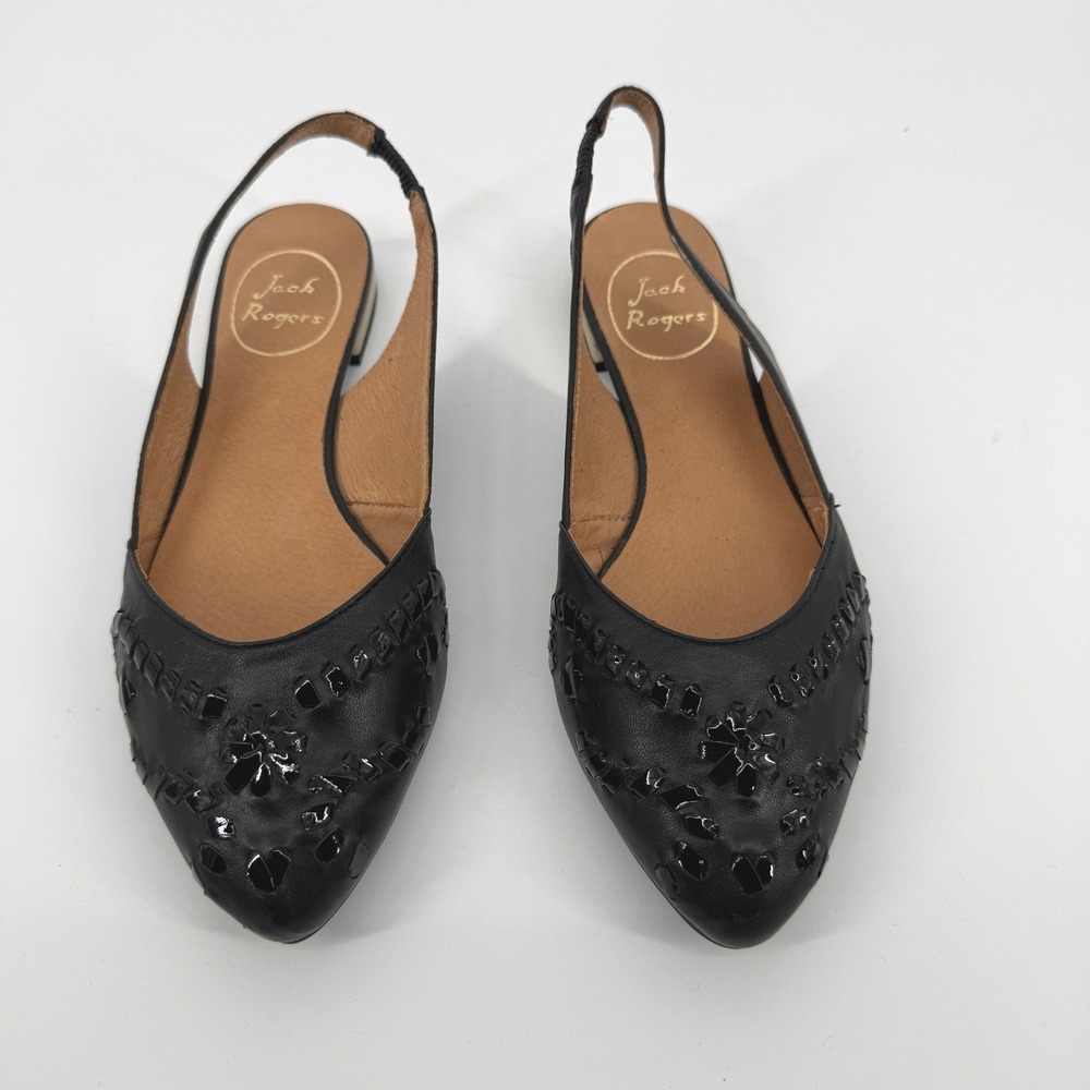 Jack Rogers Black Leather Whipstitch Slingback Pointed Toe Flats Shoes‎ 6.5M